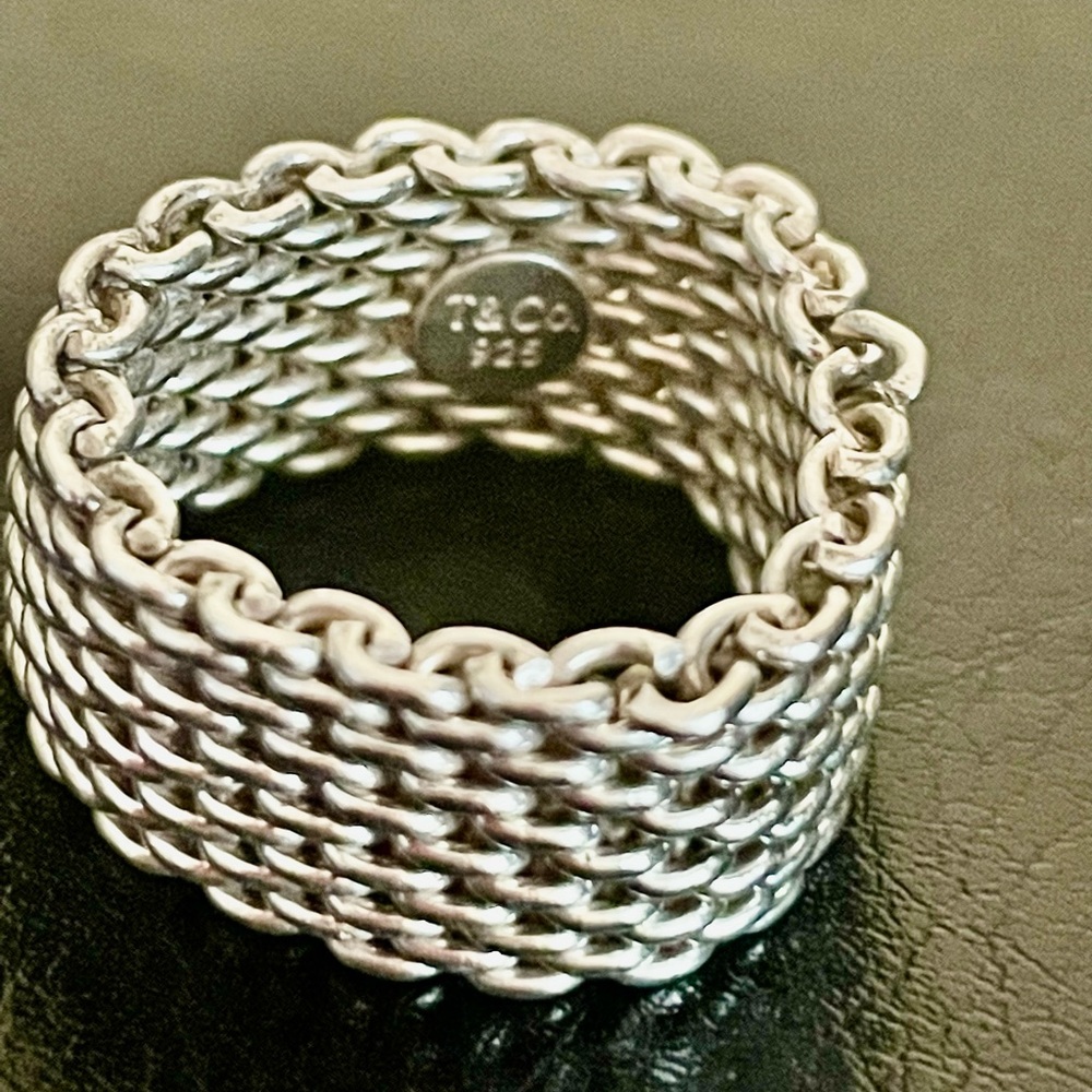 Tiffany Somerset Mesh Ring 925 Silver w/Tiffany logo.Width = 6mm & Ring size 6.